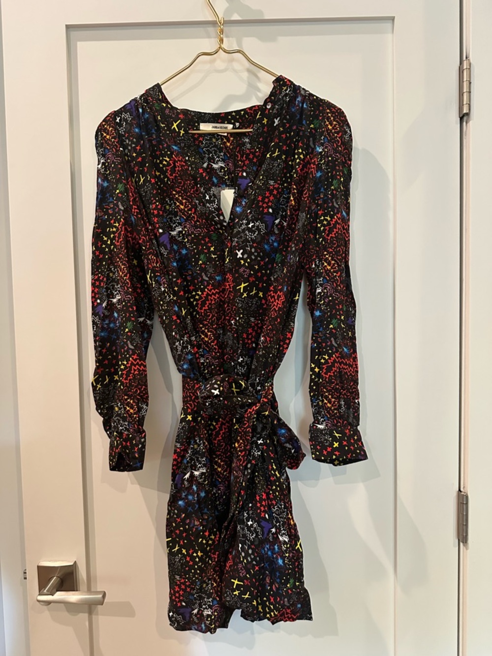 Zadig & Voltaire Black Multi-Color Printed Wrap Dress new with tags extra button